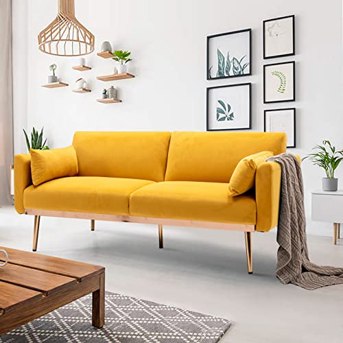 Londegeri Loveseat Sofa Accent Double Seat Sofa Couch,Back Cushions and Rounded Arms, Durable Sleeper Reclining Couch Bed Velvet with Metal Feet for Living Room Bedroom, Apartment,Small Place Yellow