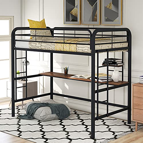 Twin Size Loft Bed, Metal Loft Bed Frame with Desk and Shelve, Black