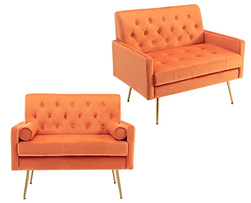 ZHENGHAO Velvet Accent Chairs Set of 2 Comfy Living Room Upholstered Armchair with Gold Legs, Mid Century Tufted Club for Bedroom Apartment Office, Orange, Orange 1.5 Sofa,