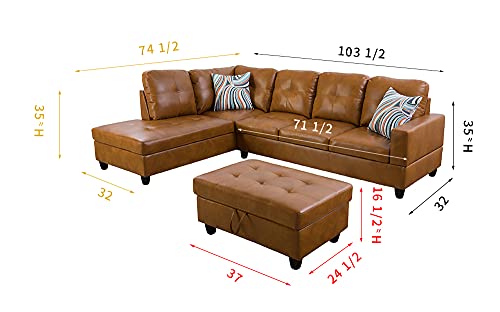 Lifestyle Furniture 3 Piece Sectional Sofa Couch Set, L-Shaped Modern Sofa with Chaise Storage Ottoman and Pillows,Faux Leather, Right Facing.