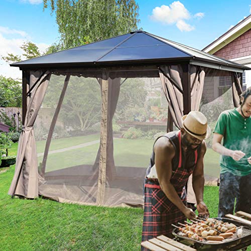 ALEKO GZBHR03 Aluminum Hardtop Gazebo with Removable Mesh Walls and Curtains - 10 x 10 Feet - Brown