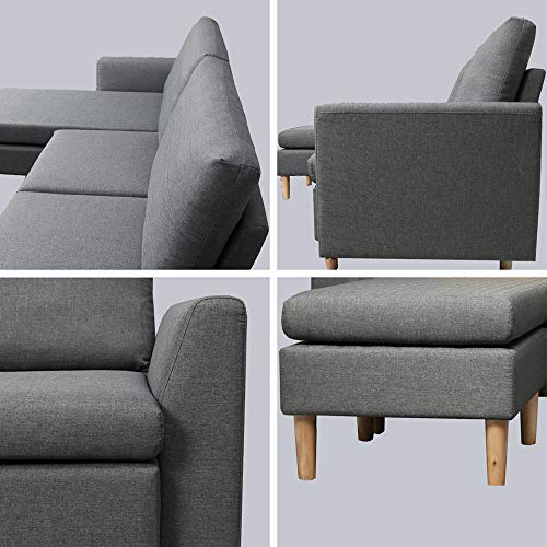 Best-Living Furniture Modern Linen Fabric L-Shaped Small Space Sectional Sofa with Stool, Reversible Chaise, in Grey