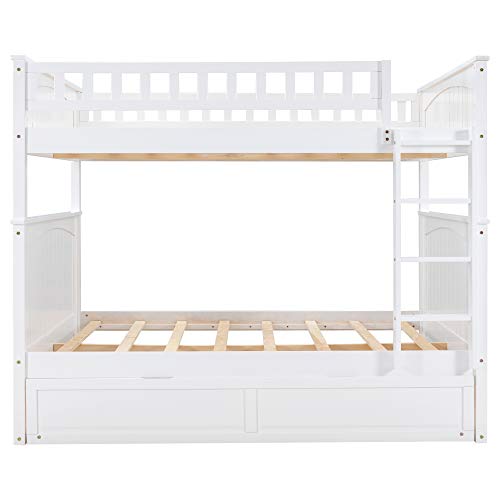 Bunk Beds Full Over Full with Trundle, Solid Wood Full Bunk Beds with Ladder, High Length Guardrail, No Box Spring Needed