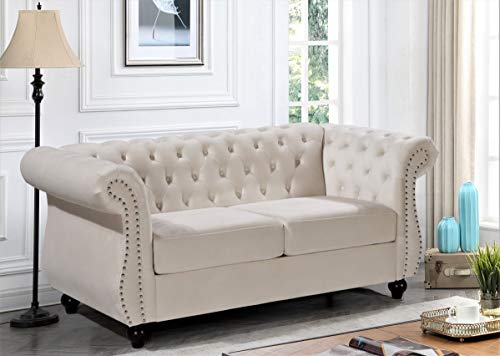 US Pride Furniture Soft Elegant Ivory 67.6’’ Wide Velvet Chesterfield Tight Back Rolled Arm Living Room Loveseat with Removable Cushion & Solid Wood Legs (S5677-5682) Sofas