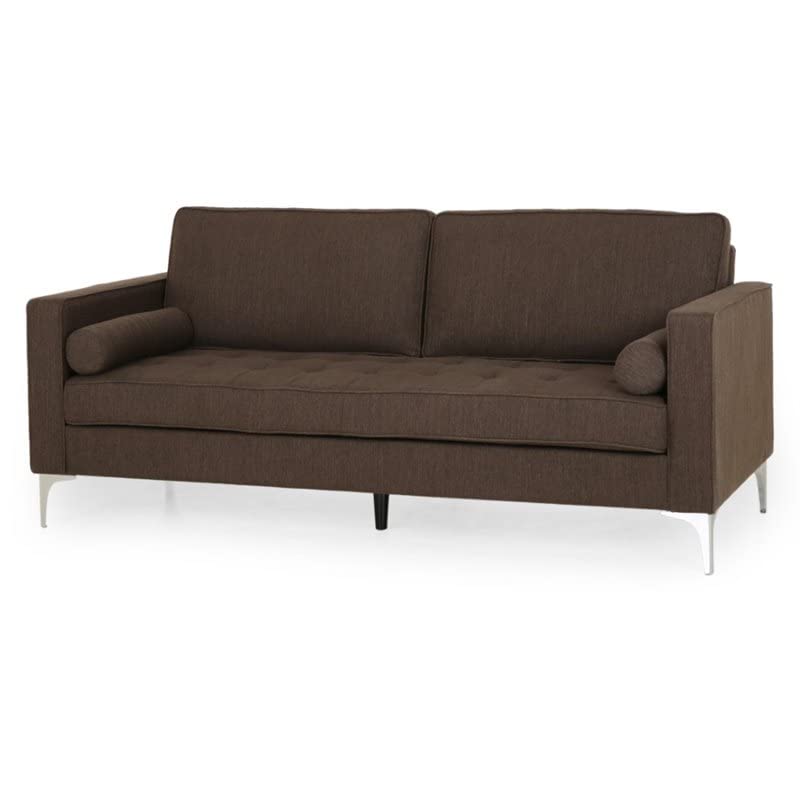Emma Contemporary Tufted Fabric 3 Seater Sofa, Brown and Silver