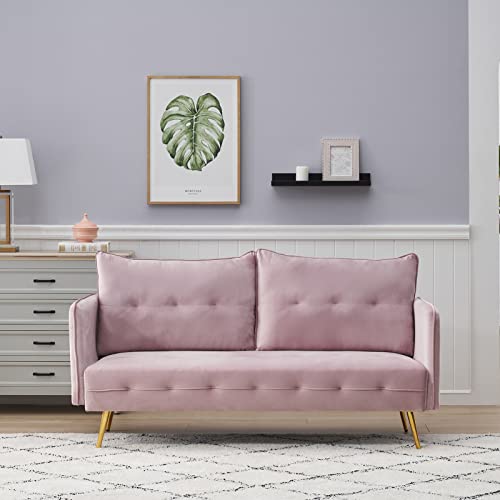 WIILAYOK Loveseat Sofa, 67.9 Inch Mid Century Modern Decor Love Seats Furniture, Small Velvet Couch with 2 Pillows and Gold Metal Legs (Pink)