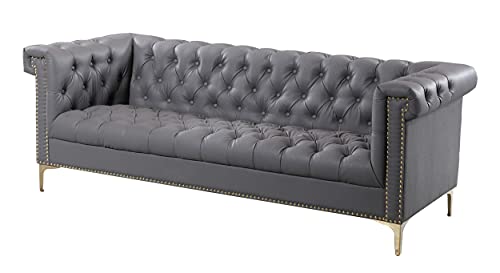 Iconic Home Winston Modern Tufted Gold Nail Head Trim Grey PU Leather Sofa with Gold Tone Metal Y-Legs