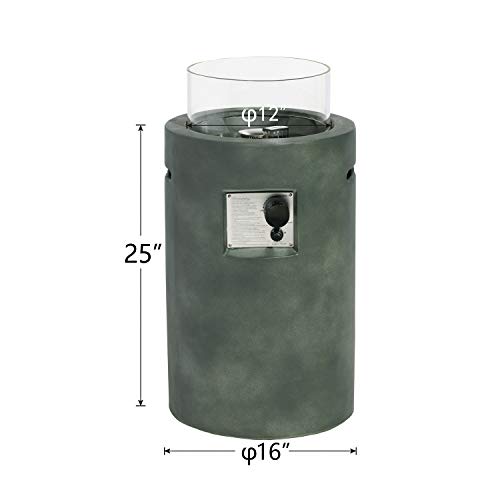 COSIEST Outdoor Propane Fire Pit Table w Compact Ledgestone 16-inch Round Graphite Base and Glass Wind Guard, 40,000 BTU, Free Lava Rocks, Fits 20lb (Grayish-Green)