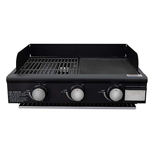 RecPro RV Side-by-Side Griddle and Grill | 3-Burner Propane Gas Cooktop | Flat-Top Grill and Grates | RV Grill
