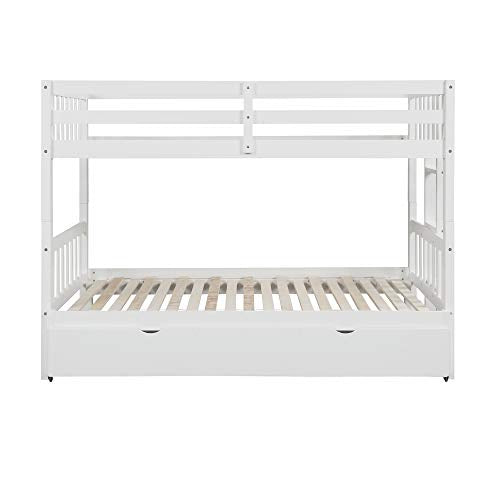 KLMM Twin Over Pull-Out Bunk Bed with Trundle, Wooden Twin Over Twin/Full/Queen/King Bunk Bed, Accommodate 4 People Extendable Bunk Beds with Ladder and Safety Rail (White)