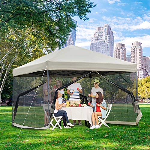 Outsunny 10' x 10' Pop Up Canopy Party Tent with Center Lift Hook Design, 3-Level Adjustable Height, Easy Move Roller Bag, Beige