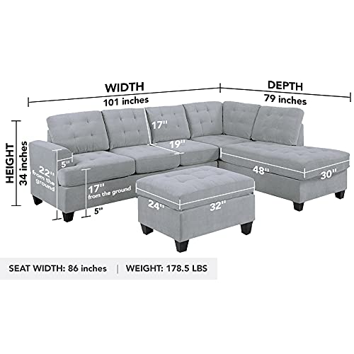 Casa Andrea Milano Modern Reversible Sectional Sofa Couch with Chaise and Ottoman, Large, Grey