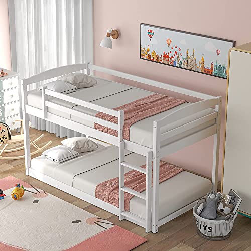 Bunk Beds Twin Over Twin Size, Wood Bunk Beds Low Profile for Kids, Ladders can be Put on Both Side White