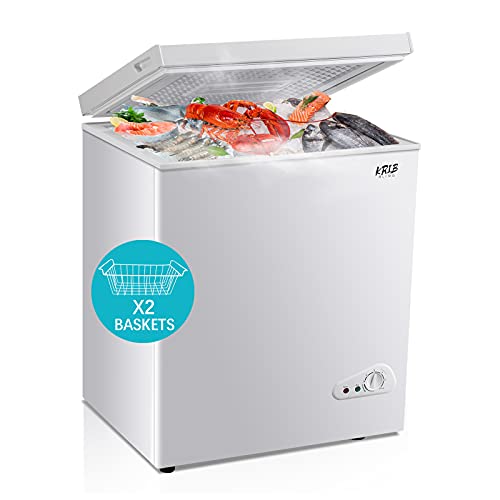 Krib Bling Chest Freezer 5.0 Cu.Ft, Deep Compact Freezer with Removable Storage Basket and Adjustable Thermostat for Drinks, Vegetable and Meat