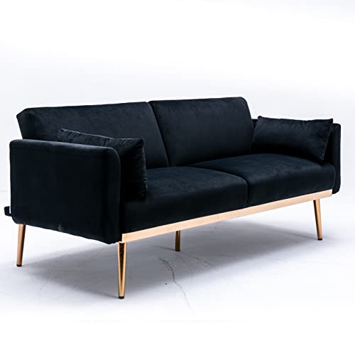 Holaki Modern Velvet Sofa,Comfortable Futon Sofa Bed Soft Velvet Fabric with Convertible Cushions,Metal Legs & Square Arms,Upholstered Loveseat Sofa,Convertible Sleeper Sofa for Living Room (Black)