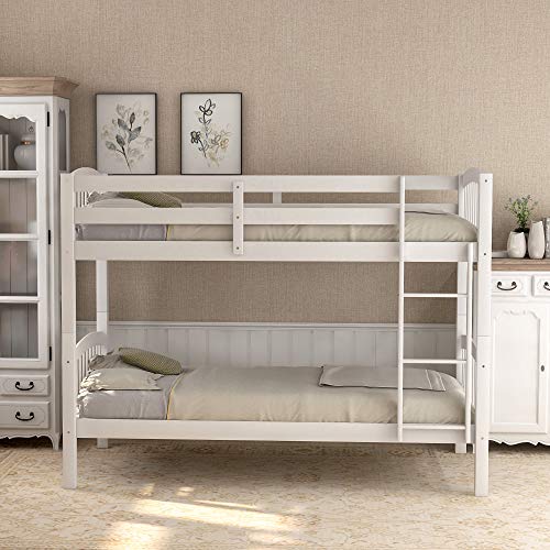 Solid Wood Twin Over Twin Bunk Bed with Ladder, Harper&Bright Designs Twin-Over-Twin Bunk Bed with Guard Rails Headboard Footboard for Kids Teens Bedroom, Guest Room Furniture Ship from USA (White)