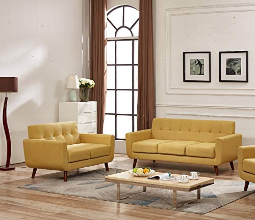 Container Furniture Direct Jenny Linen Uphostered Mid-Century Modern Button Tufted Living Room Loveseat, Honey
