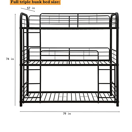 Triple Bunk Beds, Full Over Full Over Full Metal Bunk Bed Frame for Kids, Teens, Adults, Girls, Boys, Sandy Black