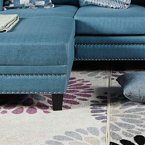 Top Space Loveseat Couch Modern Upholstered Mid Century Sofa Casual Arm Chair/Ottoman Linen Fabric Footstool Rivet Design Household Change Shoe Bench Sofa Living Room Furniture(2 PCs, Blue)