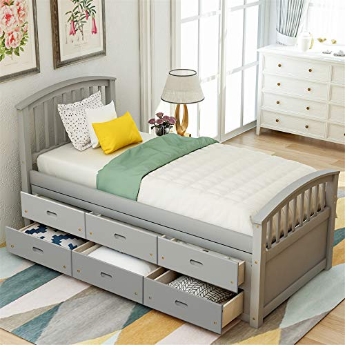 Twin Size Platform Storage Bed Solid Wood Captains Bed with 6 Drawers, No Box Spring Needed