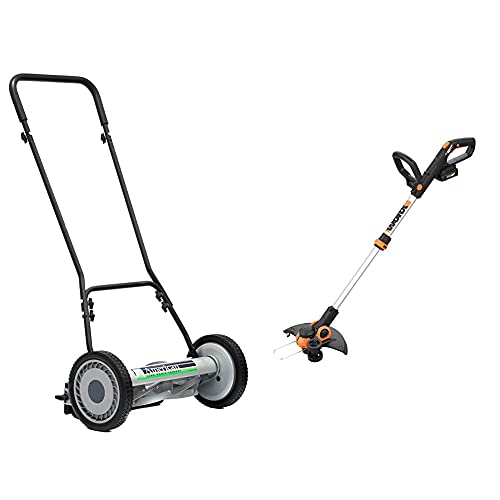 American Lawn Mower Company 1815-18 18-Inch 5-Blade Push Reel Lawn Mower, Black & Worx WG163 GT 3.0 20V Power Share 12 Inch Cordless String Trimmer & Edger, 12in, 2 Batteries Included