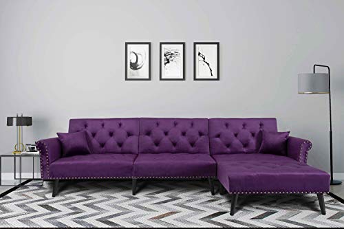 SFGJ Button Tufted Convertible Sofa Sleeper Bed L Shape Chaise Tufted Velvet Upholstered Solid Wood Leg with Reversible Chaise and 2 Pillows, 115”L Sofa Couch for Living Room and Small Space (Purple)