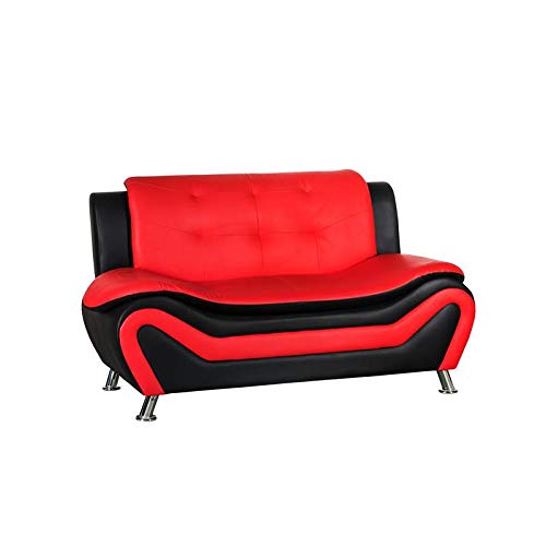Home Square Living Room Furniture Set, 2 Piece Modern Faux Leather Couch Loveseat Arm Chairs Lounge Club Chair, Solid Wood Frame, Red Black