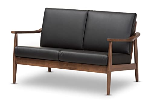 Baxton Studio Venza Mid-Century Modern Walnut Wood Black Faux Leather 2-Seater Loveseat Mid-Century/Black/Walnut Brown/Faux Leather/Rubber Wood/