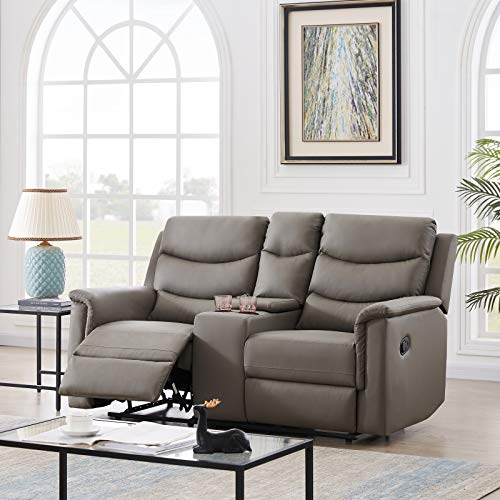 DNIEBW Recliner Loveseat Leather Recliner Set Reclining Sofa with Cup Holder 2 Seater Motion Sofa Recliner Couch with Console, 67.7 x 37.8 x 39.3 Inch (Grey)