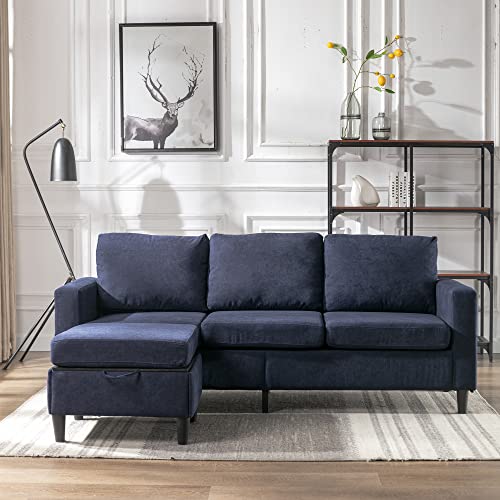 Merax Living Room L-Shaped 3-Seater Sofa Couch with Movable Ottoman and Handy Side Pocket for Small Space, Blue