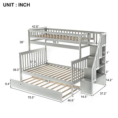 Twin-Over-Full Bunk Bed, Hardwood Bunk Bed with Trundle and Staircase, Whtie
