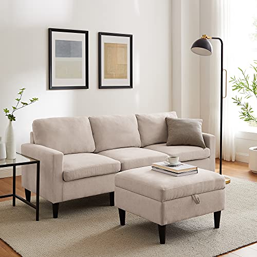 GOOD & GRACIOUS Convertible Sectional Sofa Chaise L-Shaped Couch with Modern Linen Fabric Modular Sofa with Storage Ottoman for Living Room Apartment Office and Small Space Beige
