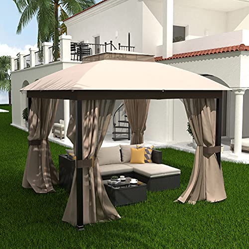 Homevibes 10x10 Gazebo with Mosquito Netting and Privacy Curtains Outdoor Patio Gazebo Vented Soft Top Gazabo Canopy Tent with Steel Frame, Beige