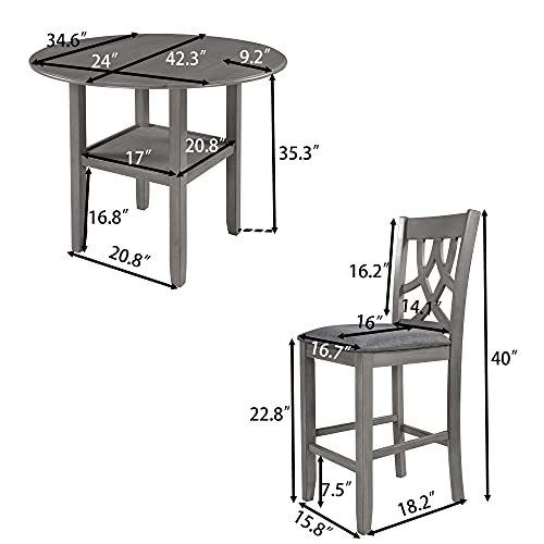 3 Piece Counter Height Kitchen Dining Set with Round Drop Leaf Dining Table, One Shelf and 2 Cross Back Padded Chairs, Farmhouse Dining Room Set for Small Places, Gray