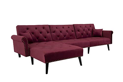 Upholstered Mid Century Sectional Sofa Futon Couch with Reversible Chaise with Adjustable Back Sofa Bed (Wine Red)