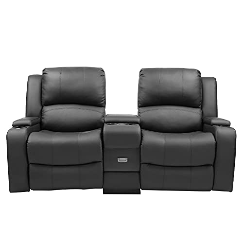 B BAIJIAWEI Modern Double Loveseat Recliner PU Reclining Loveseat Couch Sofa with Drawer and Cup Holder Manual Home Theater Seating for Living Room, Office
