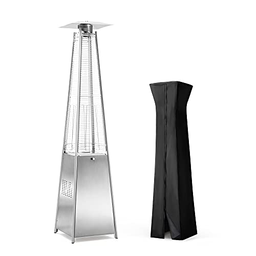 PAMAPIC Patio Heater, 42,000 BTU Pyramid Flame Patio Outdoor Heater wtih Cover, Quartz Glass Tube Stainless Steel Propane Heater with Wheels (Stainless Steel Color)