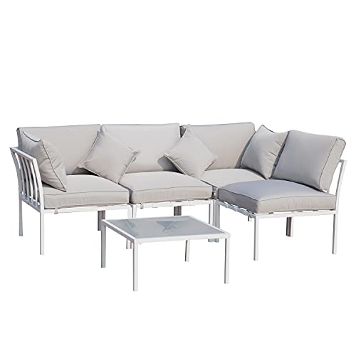 Outsunny 4 Piece Outdoor Furniture Patio Conversation Seating Set with a Loveseat, 2 Sofa Chairs, & Coffee Table, White