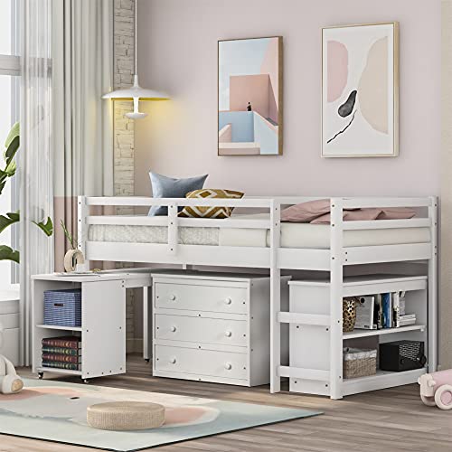Twin Kids Loft Bed with Desk,Harper & Bright Designs Low Loft Bed Twin with Storage Cabinet and Rolling Portable Desk for Kids and Teenagers (Twin ,White )