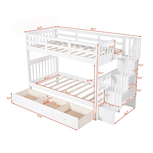 Twin-Over-Twin Bunk Bed with 4 Storage Stairway , 3 Drawers and Guard Rail, Twin-Over-Twin Bunk Bed for Bedroom, Dorm, for Family, Kids, Teens, No Box Spring Needed