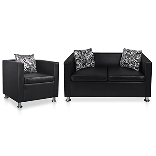 Sofa Set Faux Leather Upholstery Futon Set for Apartment Living Room Home Furniture by BLUECC (Black Set A of 2)