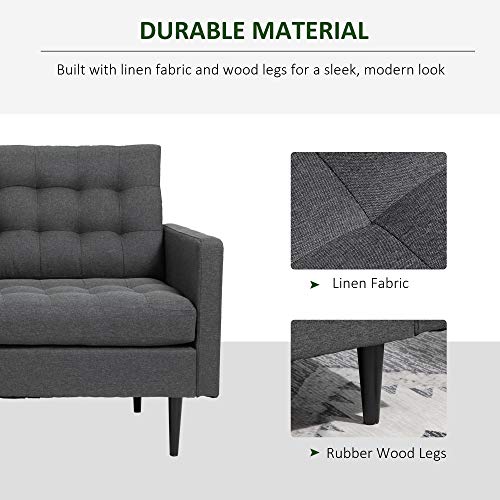 HOMCOM Linen Fabric Convertible Sofa Bed with Button Tufted Back Design, Adjustable Angles and Wood Legs, Grey