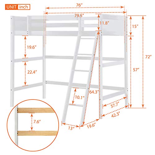 Harper&Bright Designs Solid Wood Loft Bed,Side Angled Ladder (White)