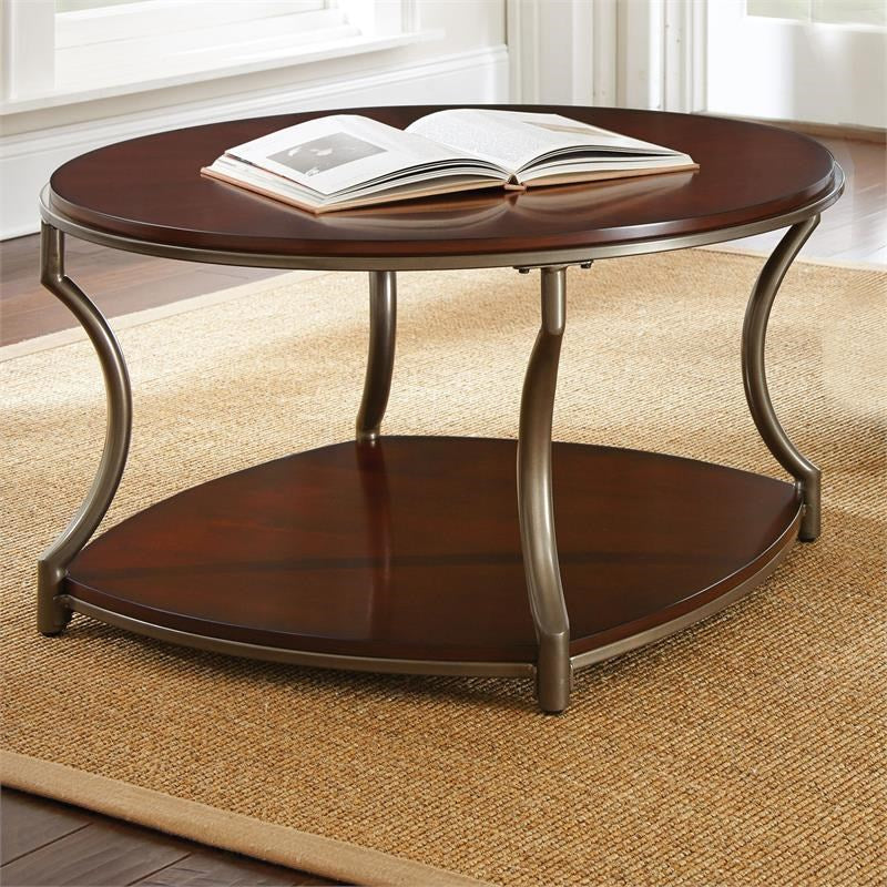Miles Merlot Cherry Finish Round Wood and Metal Cocktail Table