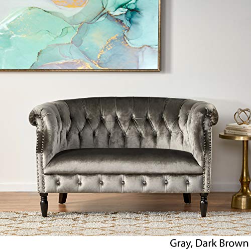 Christopher Knight Home Milani Tufted Scroll Arm Velvet Loveseat, Grey / Dark Brown