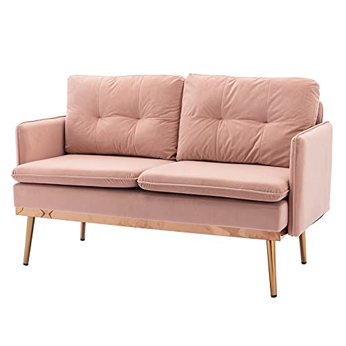 Velvet Sofa, Accent Couch for Living Room, for Apartment, Small Space, Solid Wood Frame, Golden Metal Legs, Easy Assembly, Modern Loveseat Sofa Design (Pink)