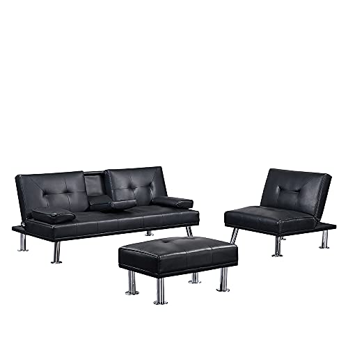 Takefuns 3 Pieces Convertible Sectional Sofa Set, Faux Leather Upholstered Sofa Bed with Two Cup Holders and Ottoman, Modern Living Room Sofa Furniture Set, Black