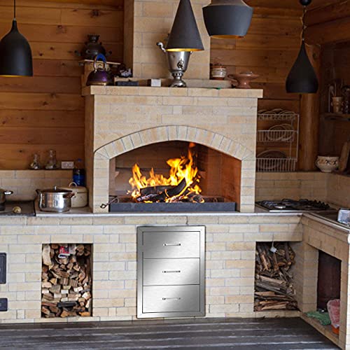 VINGLI BBQ Outdoor Kitchen Drawers 304 Stainless Steel, Triple Drawers with Stainless Steel Handle Flush Mount for Outdoor Kitchen or BBQ Island