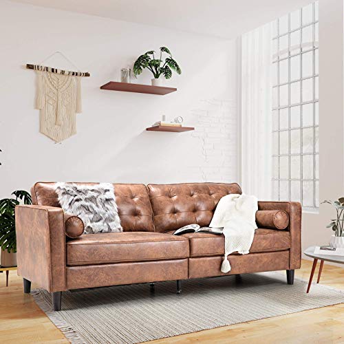 Esright 84.2”Mid-Century Sofa Couch,Tufted Synthetic Suede Fabric Modern Couch with 2 Bolster Pillows, Sofas Couches for Living Room,Apartment,Dorm & Office,Saddle Brown