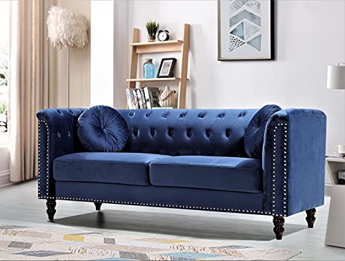 US Pride Furniture Modern Style High Density Foam 75.98'' Wide Dark Blue Velvet Rolled Arm Chesterfield Living Room Removable Cushion & Solid Wood Legs (S5608-5613) Sofas